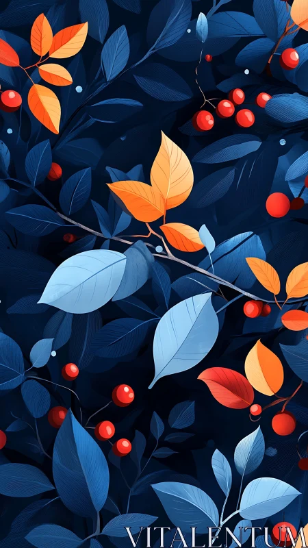 Midnight garden glows with bright leaves and red berries