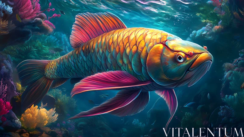 Iridescent arowana glides through saturated coral seascape