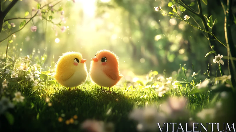 Softly lit stylized chicks converse in a luminous forest glade