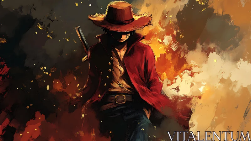Lone gunslinger in red coat amid abstract fiery backdrop.
