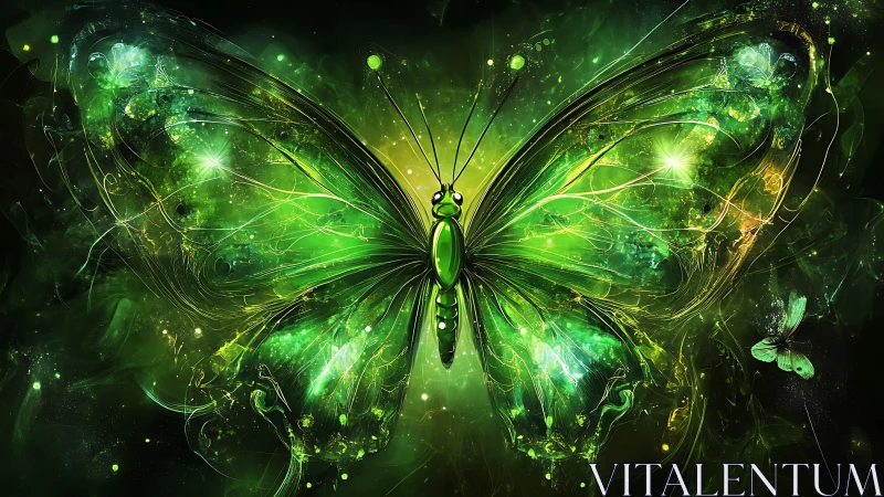 Luminous emerald butterfly radiates cosmic, electric energy.