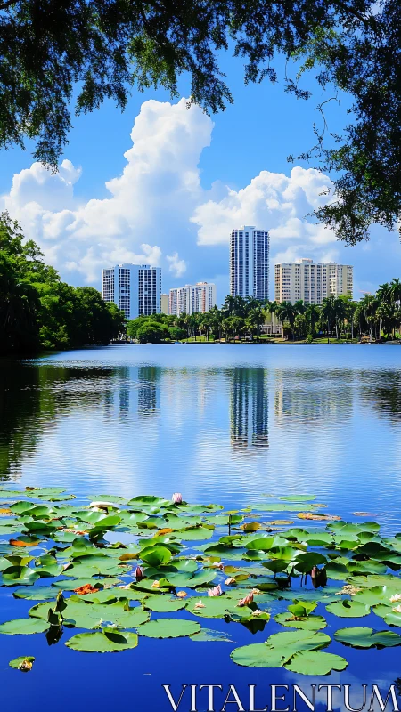 Lakeside city skyline mirrors in vivid blue water.