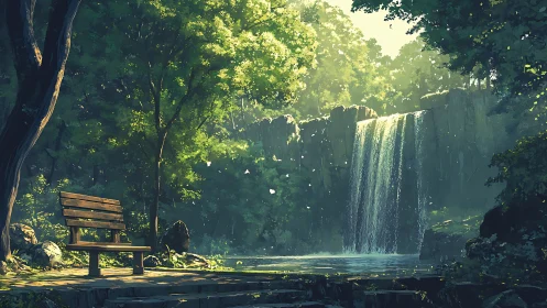 Solitary Bench by Waterfall: Nature's Peaceful Retreat.