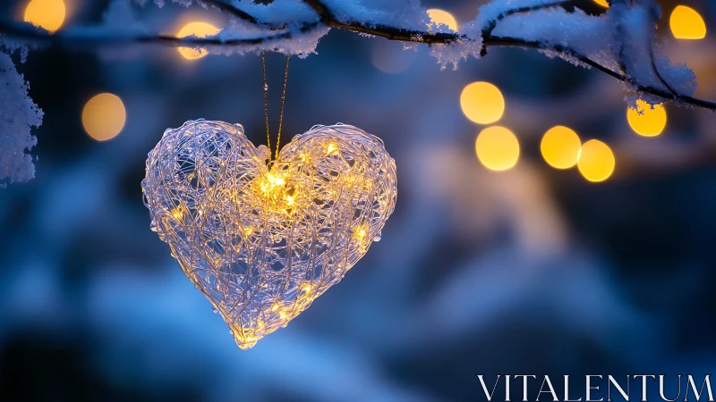 Snow-dusted branch cradling a glowing winter wire heart.
