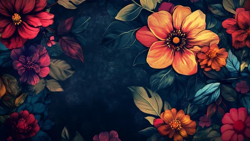 Floral Composition with Warm Colored Blooms on Dark Background