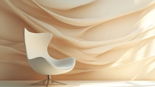 Curved white lounge chair before sculpted sand-tone wall.