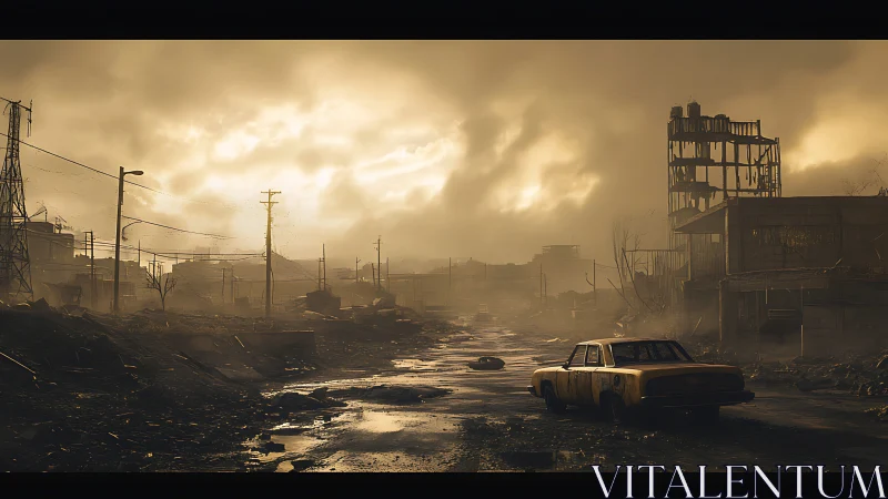 Deserted urban roadway with ruined buildings at sunset.