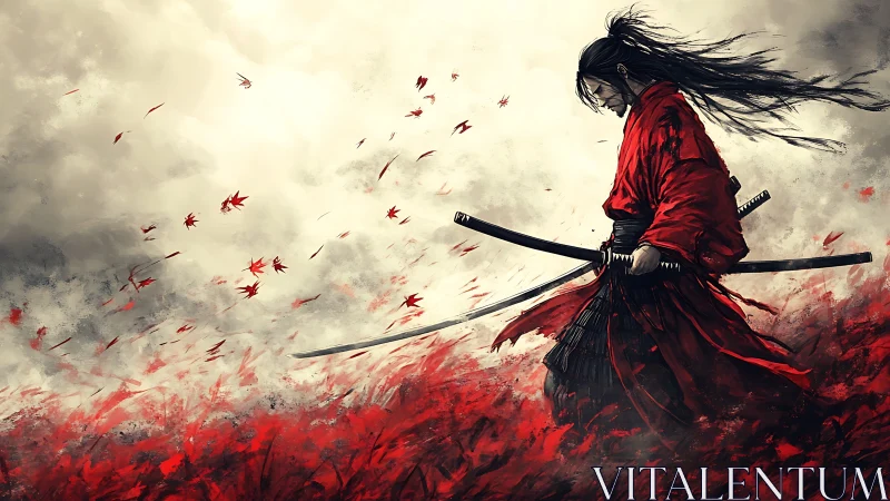 Solitary samurai strides through crimson field in dynamic wind