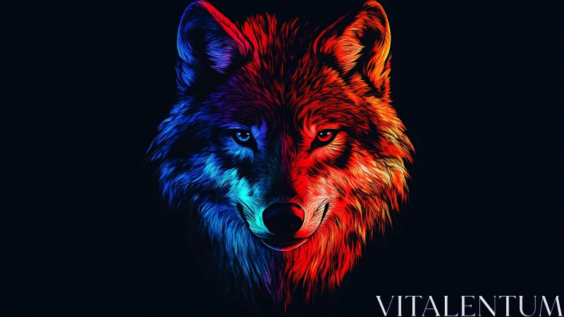 Neon wolf portrait split by cool blue and hot red light.