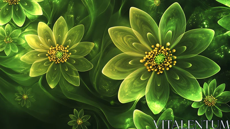 Luminescent green blossoms drift like galaxies in bloom