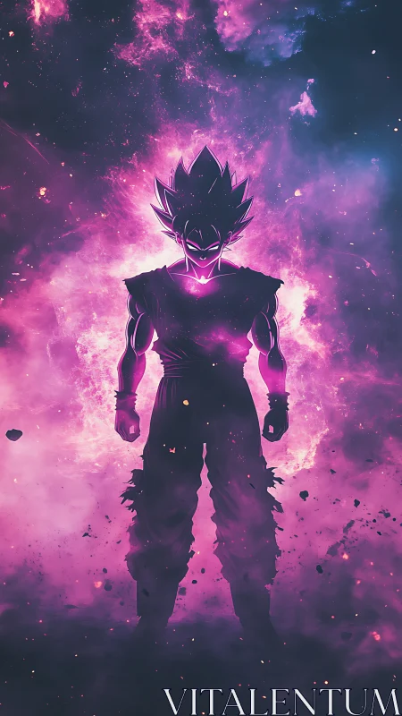 Cosmic warrior radiates neon-purple galaxy power aura.