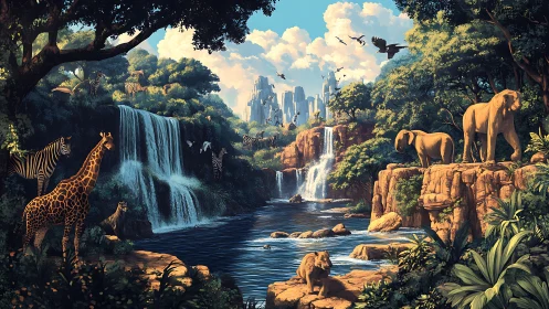 Savanna guardians watch waterfalls shimmer toward wild city