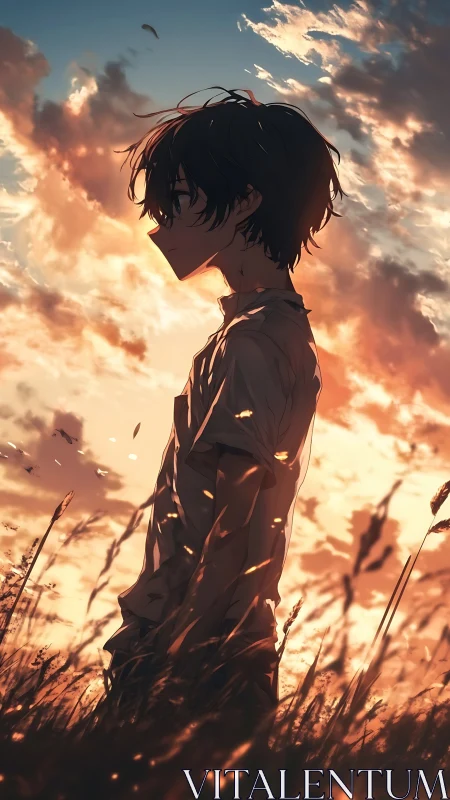 Silhouetted youth in tall grass under orange sunset sky.