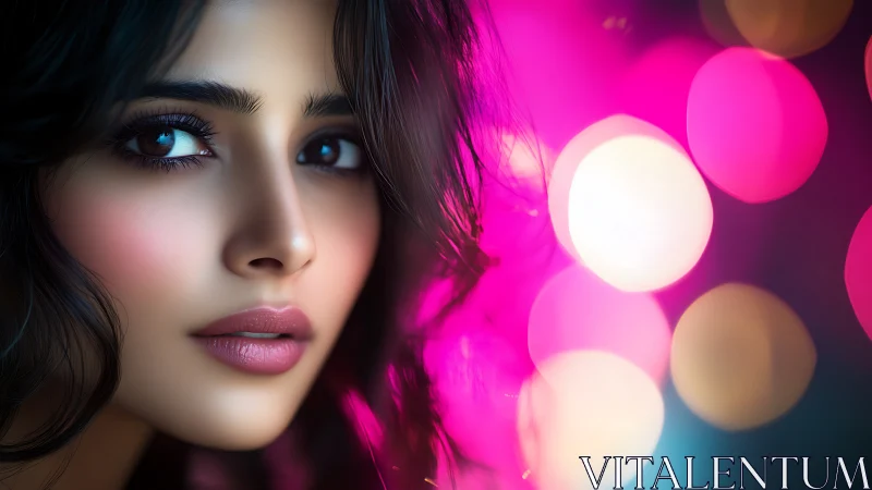 Portrait beauty glows beside neon bokeh city lights.