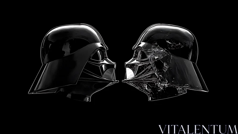 Darth Vader Helmets in Frontal Opposition on Black Background.