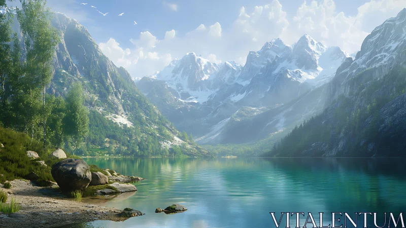 Alpine lake panorama renders hyperreal atmospheric depth