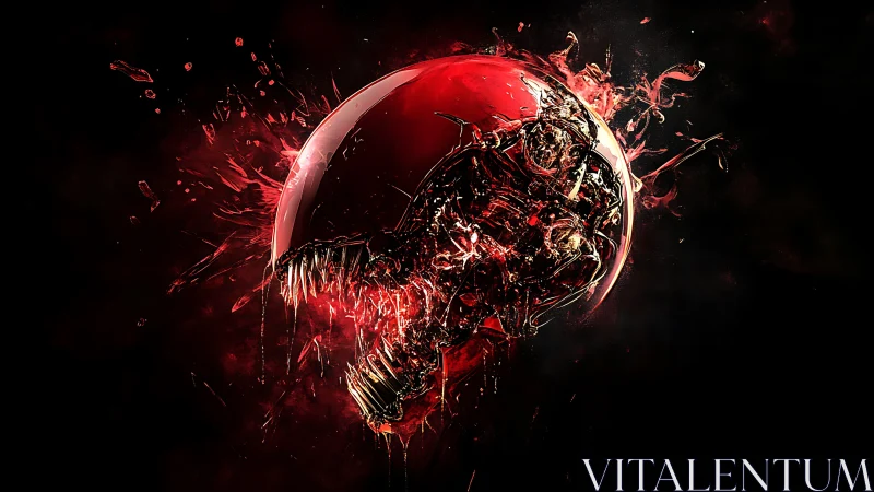 Cracked red sphere with splashing metallic abstract form.