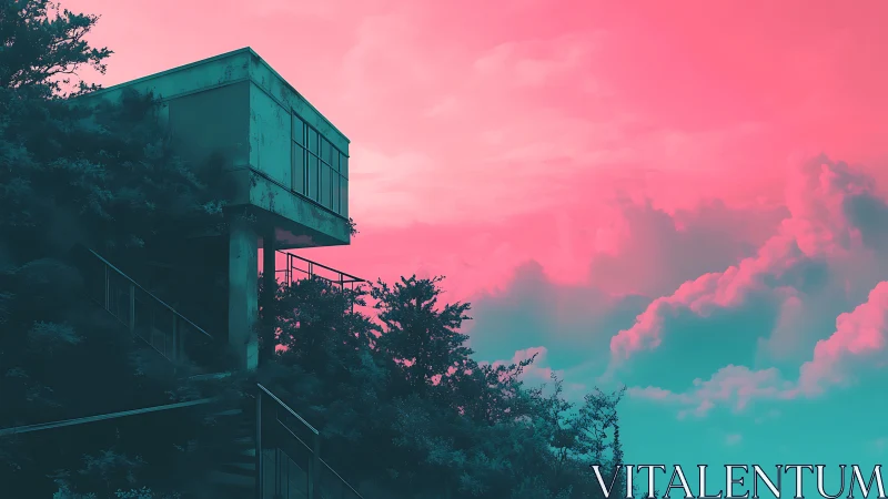 Brutalist hill house under neon pink cyan twilight sky.