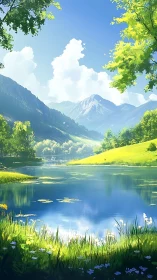 Luminous alpine valley lake with atmospheric depth rendering.