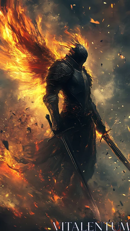 Flaming dark knight with twin swords amid swirling embers.