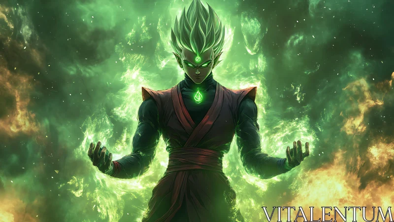 Emerald energy warrior stands within swirling cosmic flames