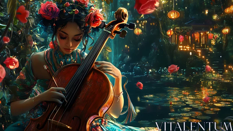 Cellist in a lantern lit forest pond weaving gentle magic.