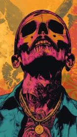 Tattooed skull-faced figure stares upward in bold colors