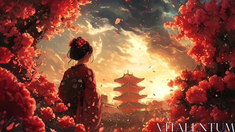 Woman in kimono facing pagoda at sunset among blossoms.