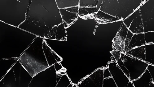 Radial fracture pattern in backlit shattered glass pane.