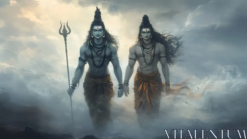 Divine twin warriors stride through tempestuous celestial mist.