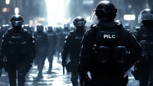 Riot police line advancing through rain-soaked neon streets.