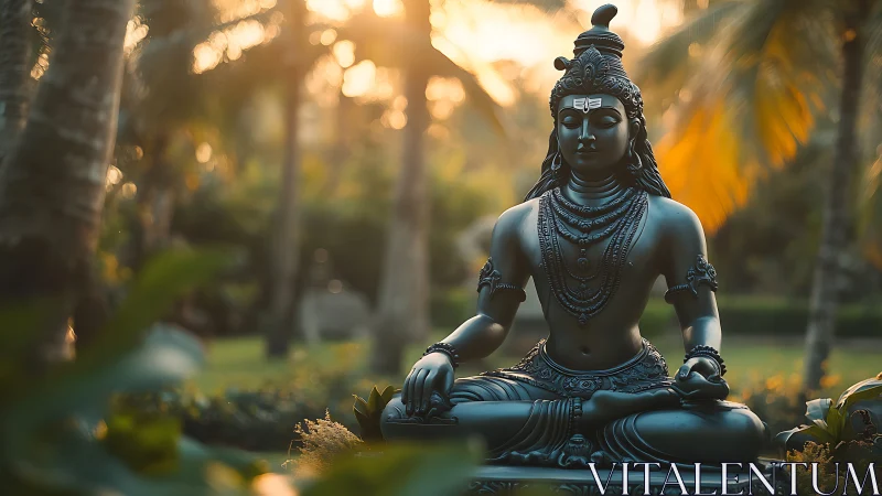 Bronze Shiva meditative statue in tropical garden at sunrise
