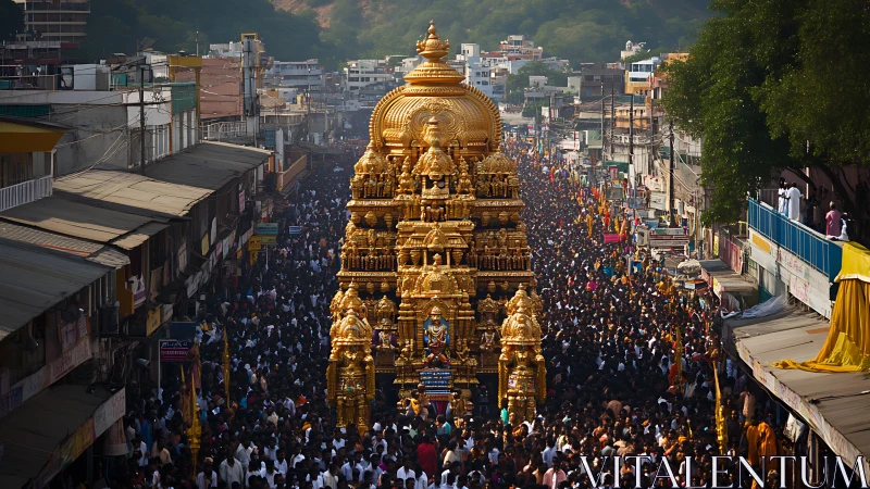 Golden temple chariot sails through a tightly packed city sea