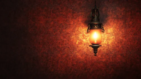 Ornate brass wall lantern casting warm textured glow.