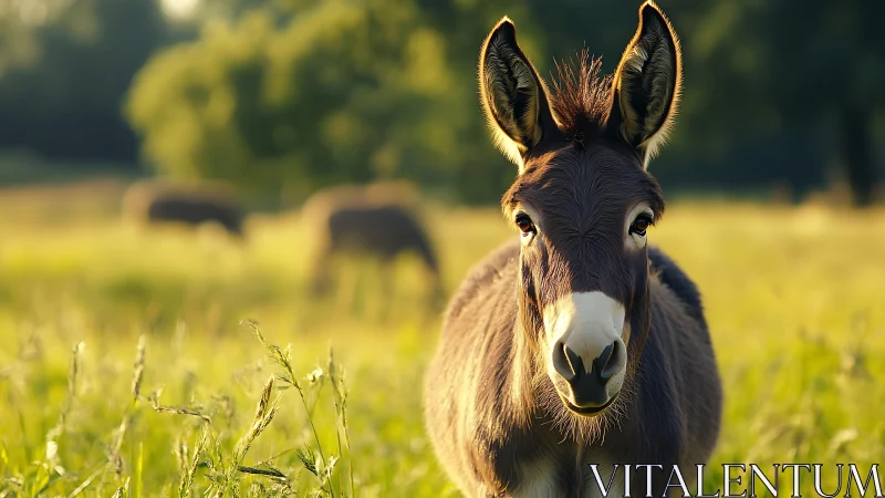 Telephoto depth-of-field portrait of alert meadow donkey.