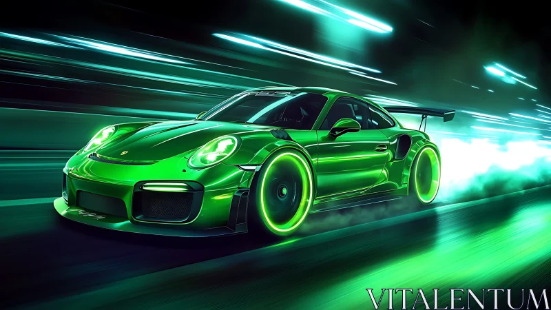 Neon green sports car races through a futuristic night tunnel