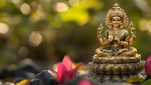 Golden deity statue amid lotus petals and soft bokeh glow.