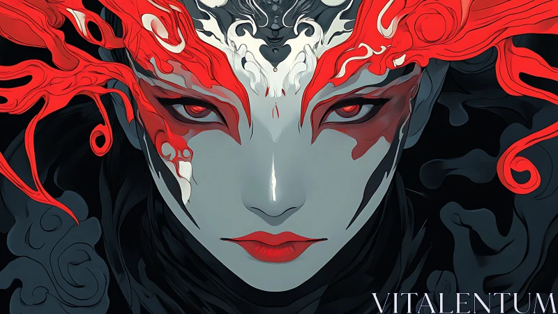 Masked elemental face emerges with blazing red tendrils