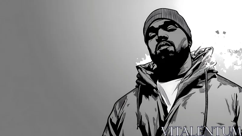 Brooding hooded figure rendered in stark monochrome illustration.