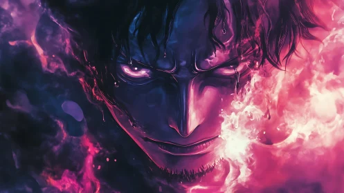 Burning anime antihero emerges from swirling neon firestorm