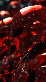 Red chrome armored helmet reflects intense directional lighting
