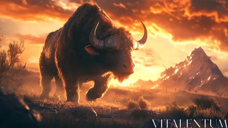 Majestic horned beast roaming warmly lit mountain plains.