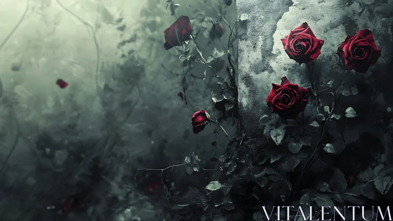 Crimson Roses Against Weathered Stone Wall.