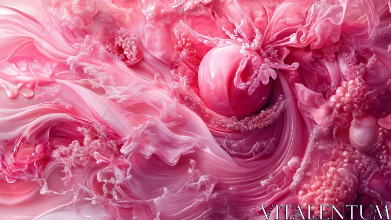 Abstract pink fluid forms with central glossy spherical core.