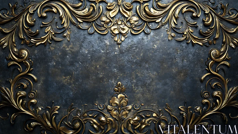 Digital baroque frame on oxidized steel background composition.