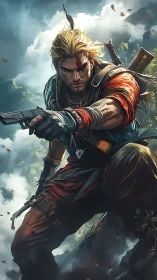 Rugged jungle warrior leaping through stormlit canyon skies.