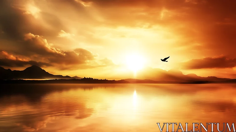 Sunset over calm lake with distant hills and lone bird.