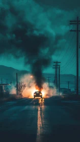 Lone car aglow on a smoky night road in teal dusk.
