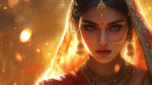 Digital portrait of Indian bride in warm bokeh backlight glow.