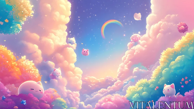 Soft cloud kittens wander under a dreamy rainbow sky